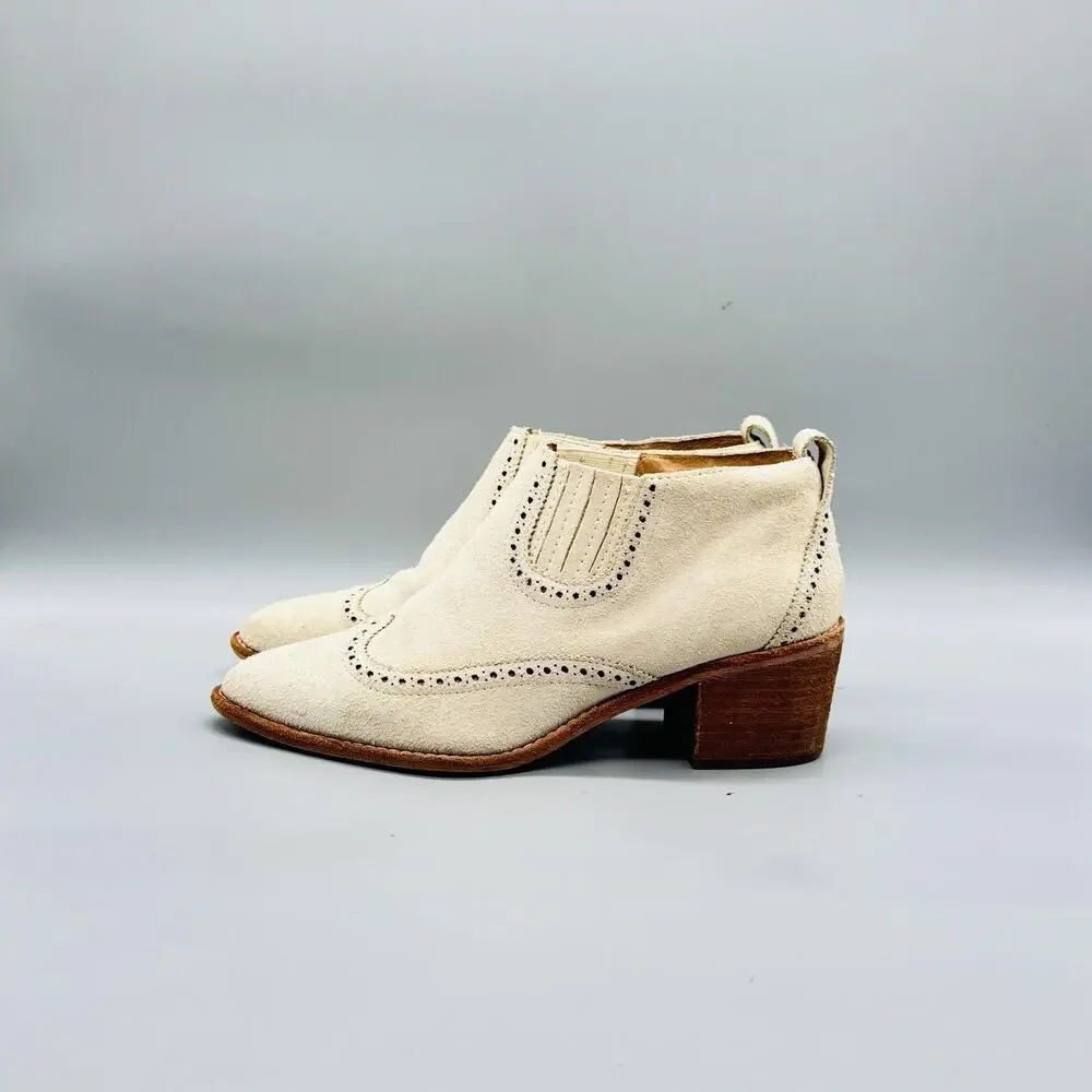 Madewell Boots Womens 8 White Suede Grayson Brogue Chelsea Ankle Block Heel